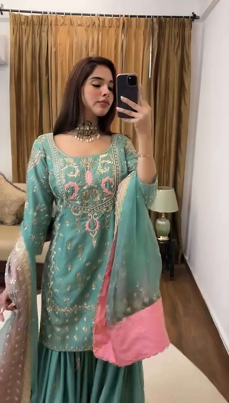 Women's Chinon Silk Heavy Embroidery Straight Kurta With Sharara and Dupatta set - Image 4
