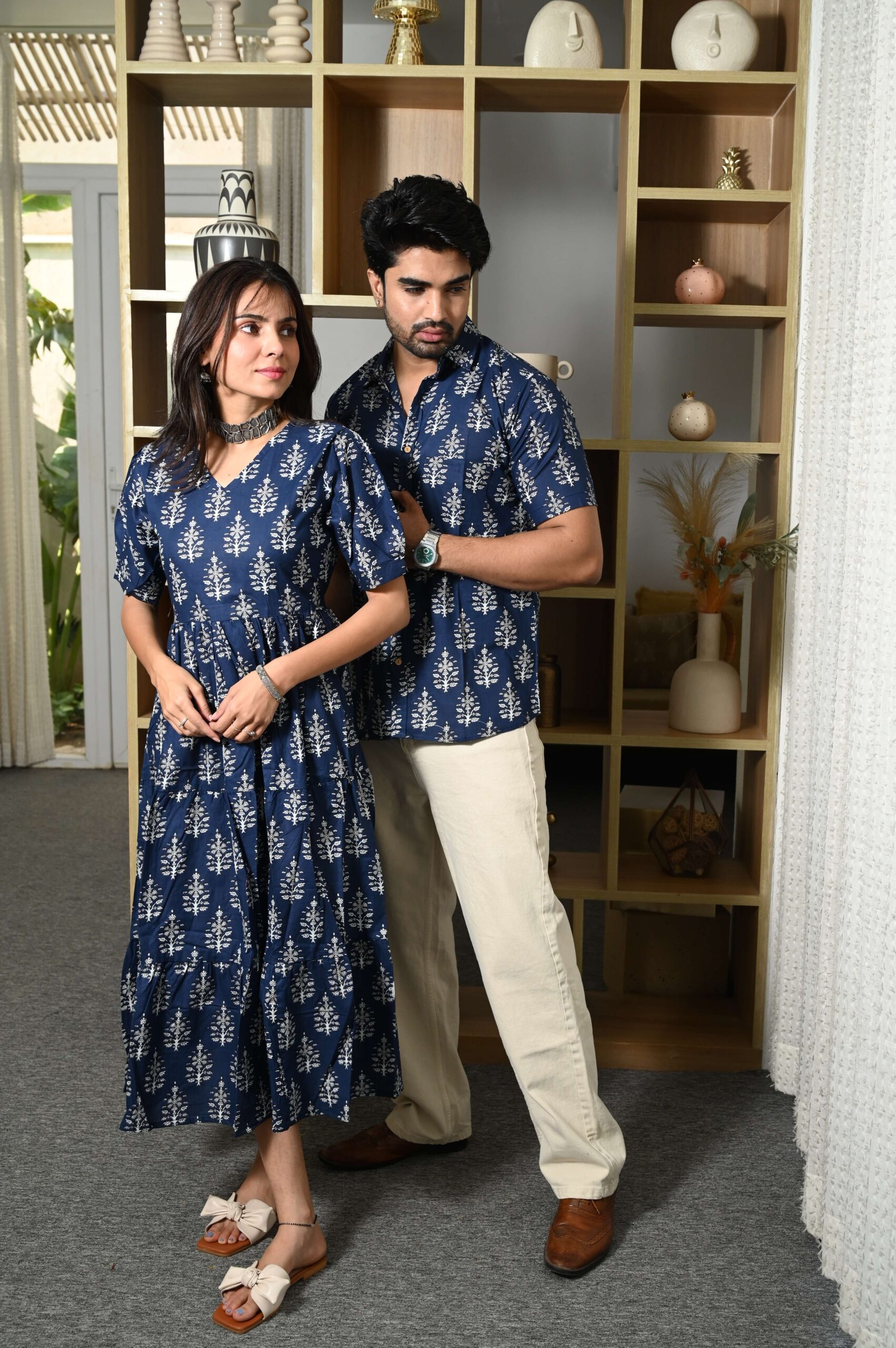 Couple Matching Navy-Blue Printed Cotton Anarkali Midi Dress & Shirt Set ? Summer Casual Wear - Image 4